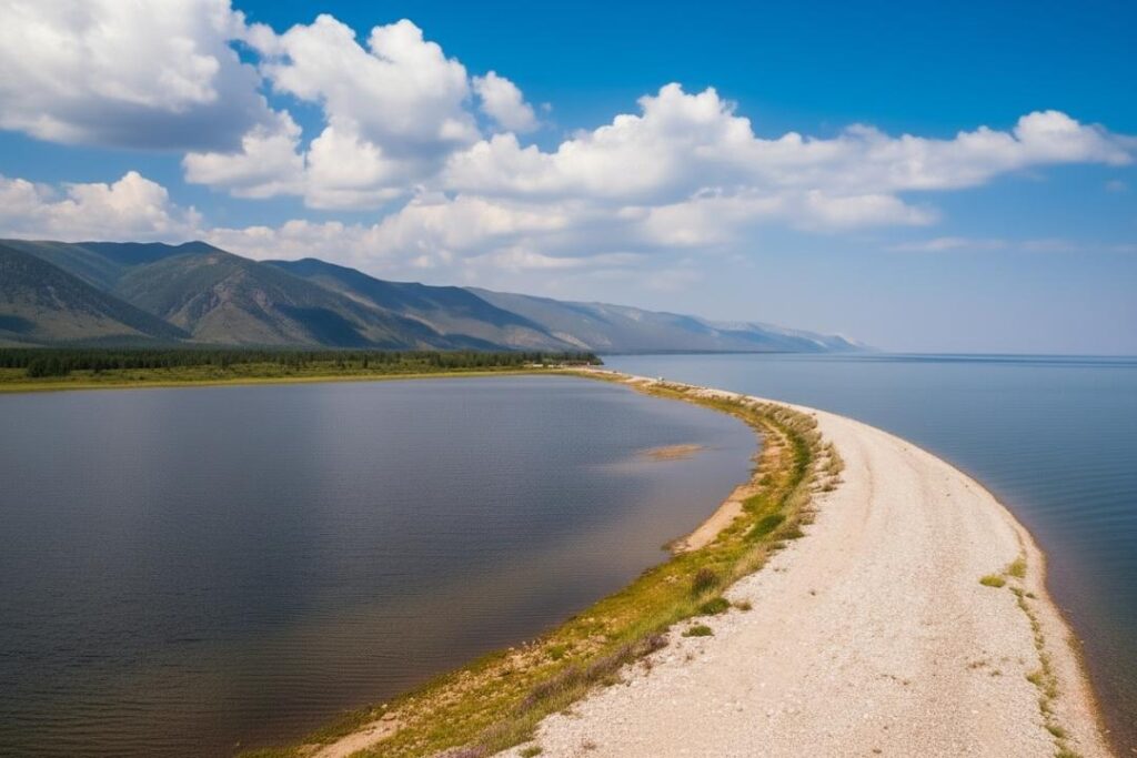 Галечная коса мыса Цаган-Хушун и озеро Курма на Малом море
